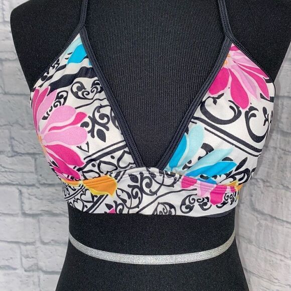 Tropical print floral 2 piece bikini w/criss cross back tie string sz M women - Picture 7 of 11